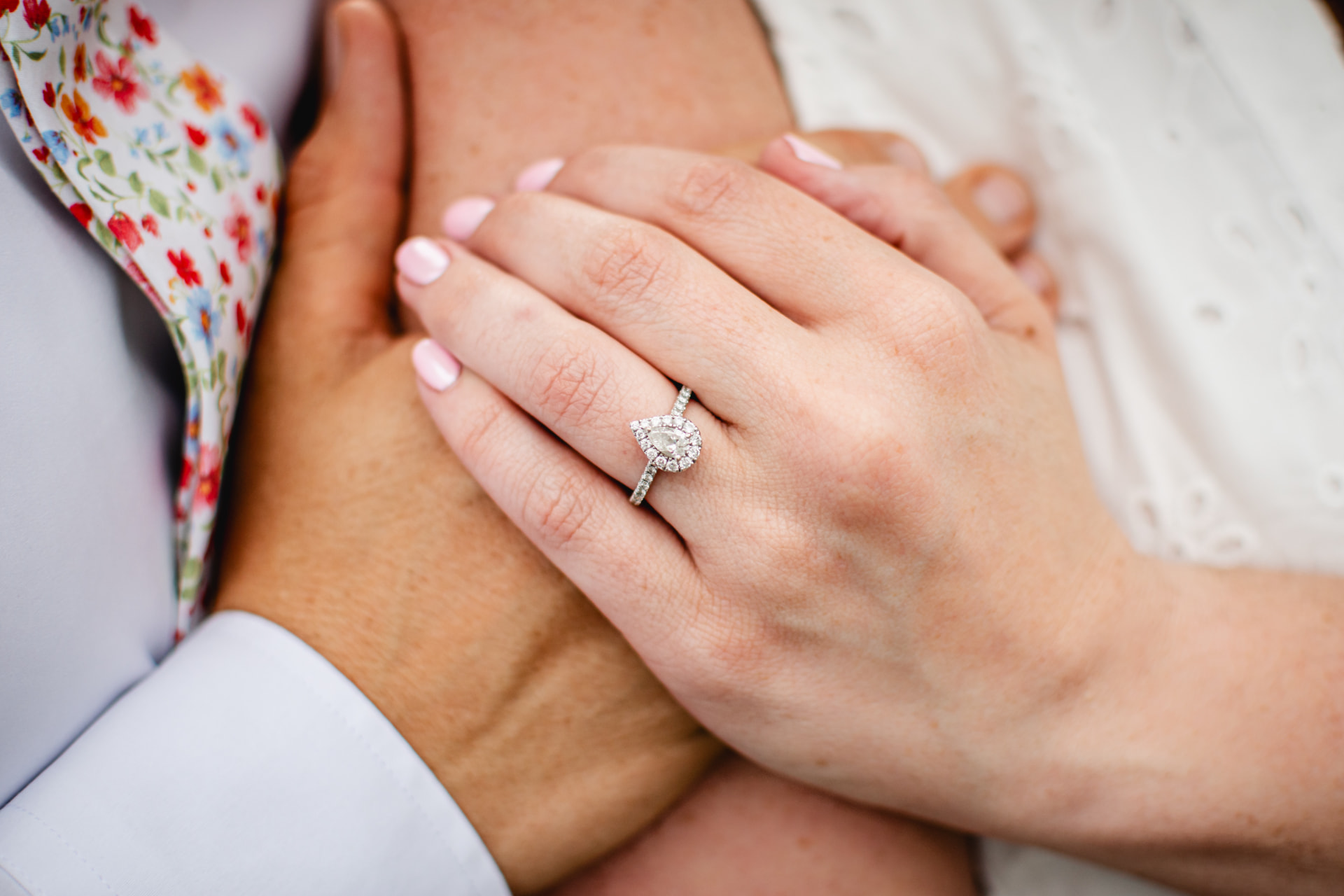 Close-up of a pear-shaped engagement ring